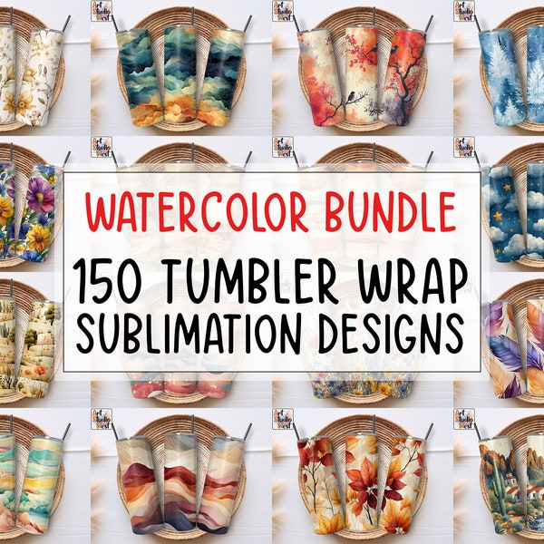 150 Watercolor Tumbler Wrap Designs, 20 oz Skinny Artistic Tumbler Mega Bundle Sublimation Graphics PNG, Digital Printable Instant Download