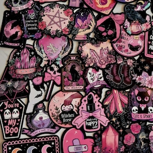 Sticker Set Gothik Girl Pink Schwarze Hexen Skelett The Lovers Katzen Kristalle Mystisches Sticker Scrapbook Aufkleber Fantasy