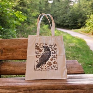 Canvas Tasche The Raven Folklore Tarotkarte Rosen Blumen Hexen Tasche Witchcraft Schultertasche Tragetasche Beige Schwarz  Geschenkidee