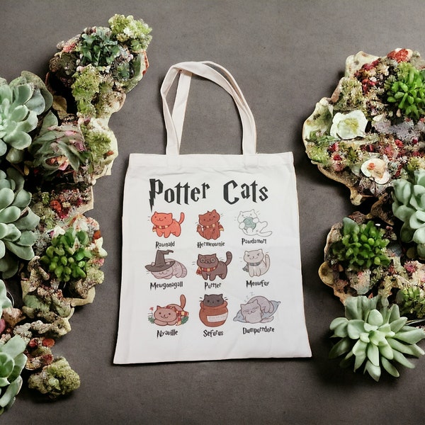 Canvas Tasche Einkaufstasche Potter Cats Magic Cats lustige Tasche Harry Ron Hermine Schultertasche Tragetasche Beige Schwarz  Geschenkidee