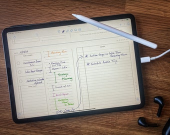Può includere: Un'app di pianificazione digitale su un iPad con un elenco di cose da fare scritto a mano per la giornata. L'elenco include "Morning Run", "Planning Time", "Call Prep", "Zoom - India", "Strategic Planning", "Lunch w/ SC", "Email Sprint", "Marketing Team in Person", e "EOD Wrap Up". La sezione note include "Action Steps to India Team", "Marketing Team", e "Schedule Austin Trip".