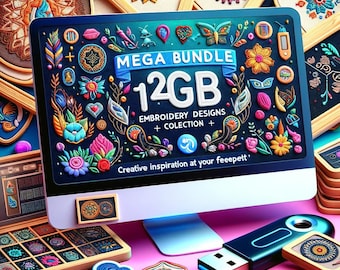 MEGA BUNDLE 12+ Gb PES Stickmuster-Sammlung + kostenlose Bearbeitungssoftware – kreative Inspiration an Ihren Fingerspitzen