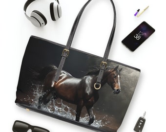 Black Stallion Horse in Water Leather Shoulder Bag