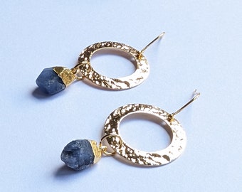 Sapphire Gold Dangle Earrings | September Birthstone | Natural Raw Gemstone Earrings | Sterling Silver | Statement Earrings