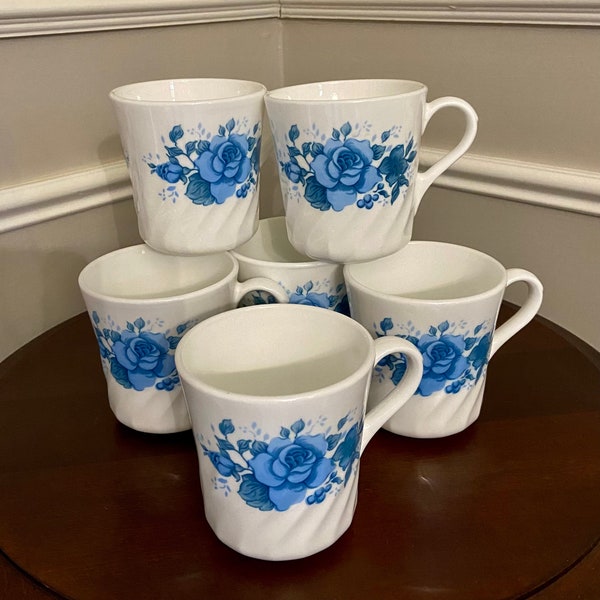 Lot of 6, BLUE VELVET Roses, Corelle/ Corning Vitrelle 8 oz mugs in Beautiful Condition