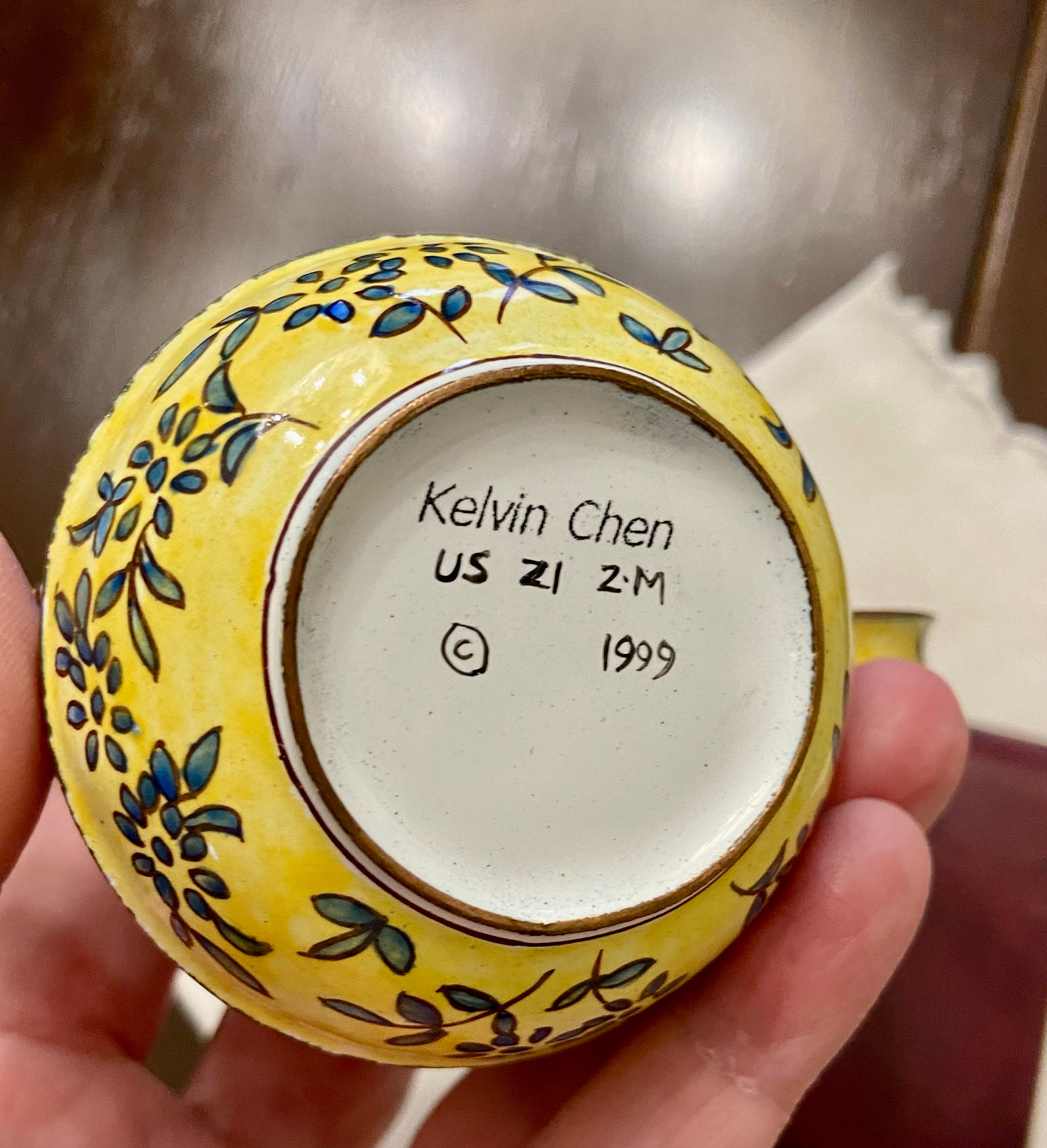 1999, Kelvin Chen Collectable MINIATURE Hand Painted Enamel on Brass Teapot on Wooden Trivet Etsy