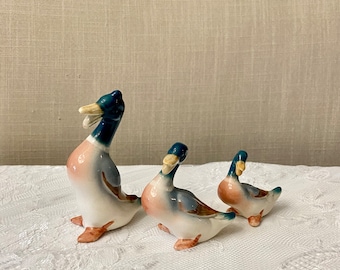 Vintage Beswick Mallard Duck Trio: England Porcelain Figurines, c1940