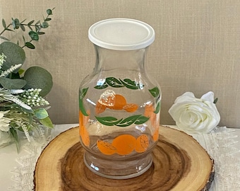 Vintage Anchor Hocking  6 cup Lidded Glass Carafe with Bright Oranges and Green Leaves