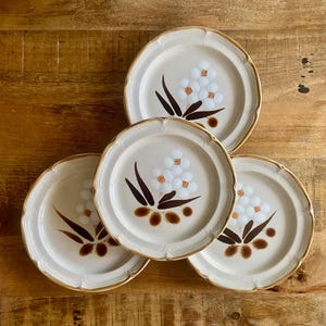 May include: A set of four round ceramic plates with a scalloped edge. Each plate features a light beige base colour with a hand-painted floral motif consisting of white blossoms, dark brown leaves, and small brown circular accents in the centre.