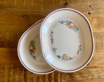 PAIRE d'assiettes vintage Corelle Abundance : grès beige à motif de fruits récoltés