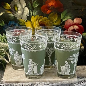 Lot of 4, 12 ounce HELLENIC GREEN Tumblers, Glassware by Jeanette Glass co. USA, Vintage Bareware