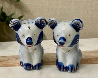 High Gloss Ceramic Cobalt Blue Bear Cub Salt and Pepper Shakers with Gold Accents