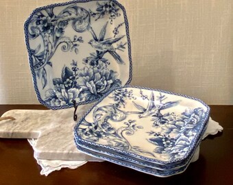 Lot of 4, 222 Fifth Ave Blue and White ADELAIDE , Bird Motif, Side/ Dessert Plates, 6 inch Square in Excellent Condition
