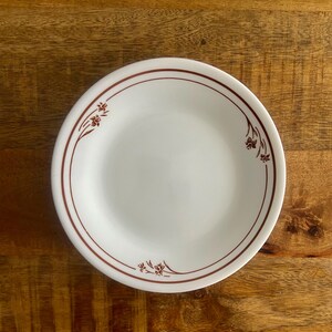 May include: A white ceramic dinner plate with a brown floral design around the rim.