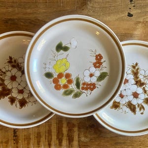 May include: Three round ceramic plates with a cream-coloured base and a brown rim. Each plate features a floral pattern with white, orange, and yellow flowers and green leaves. The plates are arranged in a cluster, showcasing the detailed botanical illustrations.