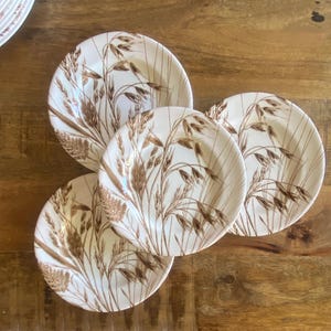Peut inclure: Ensemble de quatre petites assiettes rondes avec un fond crème. Chaque assiette est ornée d'un motif de tiges de blé marron. Les assiettes sont disposées sur une surface en bois.