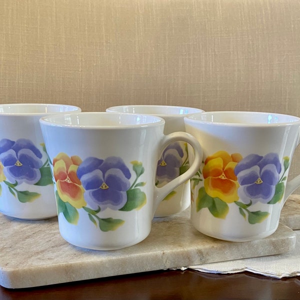 Lot of 4, SUMMER BLUSH/PANSIES, Corning, Corelle (not Stoneware) Mugs in Beautiful Condition