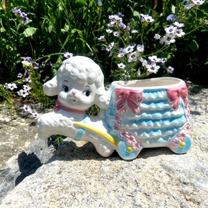 1965 RELPO Matte Finish White Lamb Pulling Lace Cart, Nursery Planter, Giftable, Adorable!