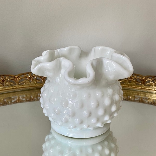 Pre- 1970 ( not stamped ) FENTON white milk Glass Hobnail Ruffle Edge mini vase/ votive