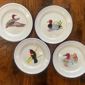 May include: Four white enamel plates with blue rims, each featuring a different bird illustration. One plate shows a duck in flight, another a duck on water, and a third a red-winged blackbird. The fourth plate shows a pair of ducks.