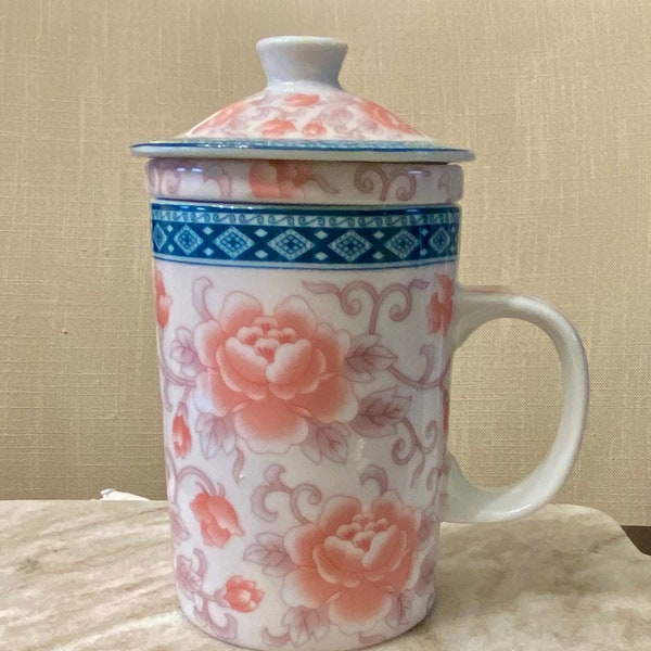 Vintage 12 ounce Lidded Asian Tea Cup With Removable Sieve - Pinks, Blue on White Porcelain