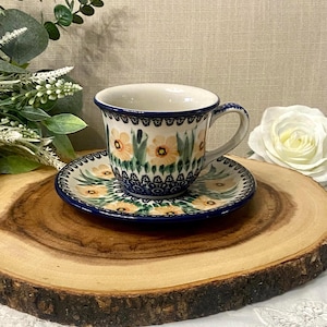 Hand Crafted Polish Pottery Teacup, Boleslawiec Potters, Cobalt Blue, yellow daisies