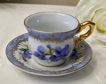 MINIATURE Limoges 1 ounce Teacup and saucer, Hand painted with Purple African Violets, Gold Trim