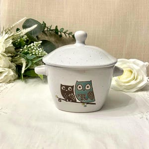 May include: White ceramic lidded bowl featuring two owl illustrations in brown and teal. The bowl has small handles and a speckled finish. The owls are perched on a branch. A white rose and greenery are in the background.
