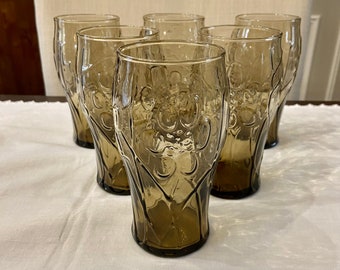 Set of SIX, 12 oz Tawny Brown Drink Glasses with Embossed Daisy in Mint Condition