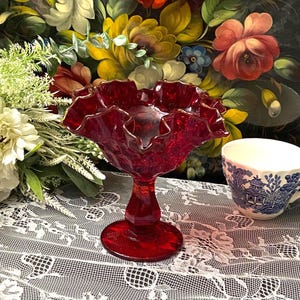 Fenton Ruby Red Thumbprint Compote: Ruffled Neck, 6 Inch, Vintage Glass