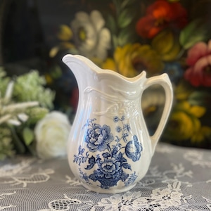 Royal Staffordshire Charlotte Blue Pitcher: Embossed Wheat, Floral Design