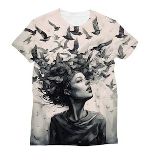 Feathered Thoughts Birds Taking off from the Head of a Lady Classic Sublimation Women&#39;s T-Shirt