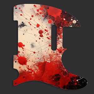 Könnte beinhalten: Ein Gitarren-Schlagbrett mit einem auffälligen abstrakten Design. Das Schlagbrett hat eine Basis aus Off-White und Schwarz, überlagert mit kräftigen Spritzern und Tropfen roter Farbe. Schwarze Linien und Punkte fügen weitere Details hinzu.