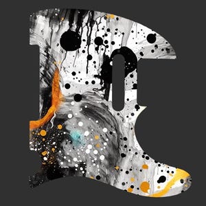 Könnte beinhalten: Gitarren-Schlagbrett mit abstraktem Design. Das Schlagbrett hat ein Schwarz-, Weiß- und Grauschema mit Spritzern in Orange, Gelb und Türkis. Das Design hat einen Farbspritzer-Effekt.