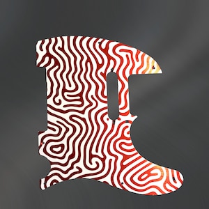 Peut inclure: Un pickguard de guitare avec un motif tourbillonnant rouge et blanc. Le pickguard est conçu pour s'adapter à une guitare électrique et a une finition brillante. Le design rappelle une carte topographique ou une empreinte digitale.