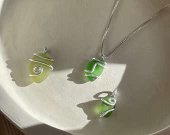 Handmade silver stainless steel chain necklace with a polished sea glass pendant