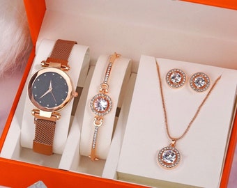 Luxury Women Watches Crystal Bracelet Stud Earring Necklace Set Ladies Watch Casual Quartz Wristwatch Set