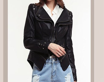 Bomber Leather Jacket Women Biker Jacket Gift For Her Black Leather Jacket 100% Genuine Lambskin Women Motorcycle Sheep Leather Jacket