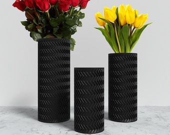 FRACTI Vase Collection - BLACK Modern Cylinder Vase for Home, Office or Venue Decor - Original Designs 9" | 7.5" | 6"