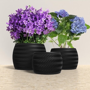 May include: Three black planters with a textured chevron pattern, each holding a different type of flowering plant. The plants are purple bellflowers, blue hydrangeas, and green foliage.