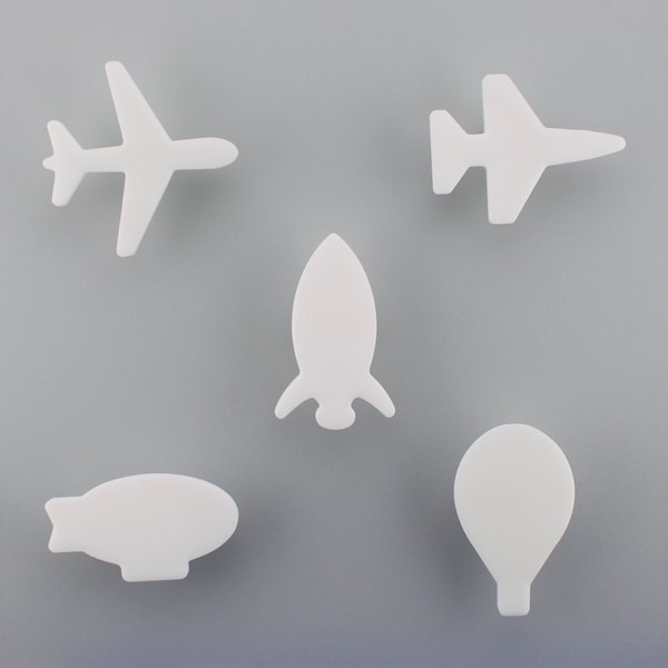 White 3D Printed Air Vehicles Drawer Knobs - Airplane, Air Balloon, Zeppelin, Rocket, Fighter Jet | kids bedroom/nursery, dresser, handles