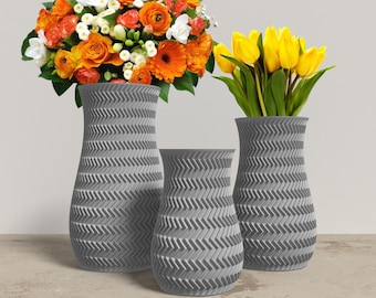 FRACTI Vase Collection - GRAY Modern Rounded Vase for Home, Office or Venue Decor - Original Designs 9" | 7.5" | 6"