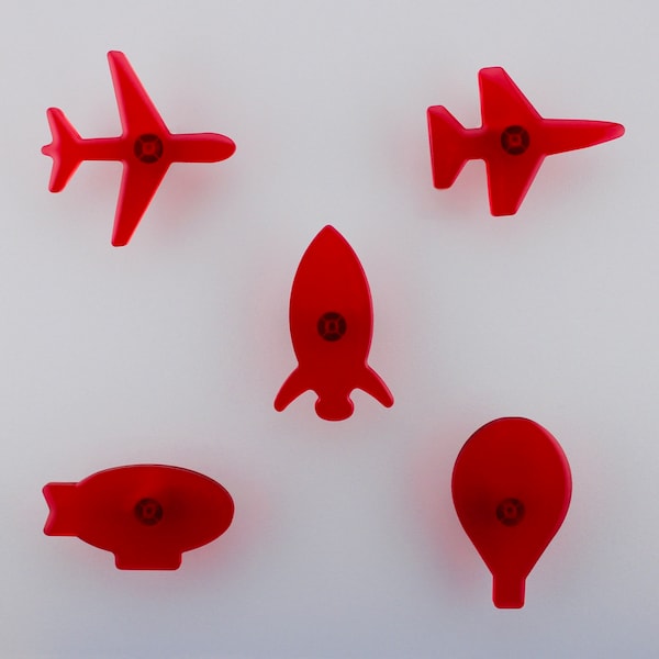 Red 3D Printed Air Vehicles Drawer Knobs - Airplane, Air Balloon, Zeppelin, Rocket, Fighter Jet | kids bedroom/nursery, dresser, handles