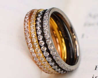 Black Silver Gold Titanium Wedding Band, Rose Gold CZ Eternity Ring, 2MM Lightweight Women's Ring