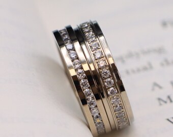 Silver Titanium Wedding Band, Channel Set CZ Stone Engagement Ring, Unisex Promise Band Women's Anniversary Ring
