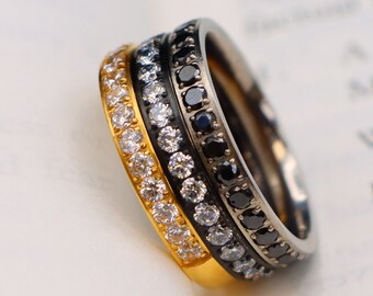 Titanium CZ Stone Wedding Band, Stacking Anniversary Ring Yellow Gold Black Gray Proposal Band