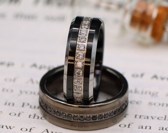 Black CZ Stone Eternity Band, Gunmetal Tungsten Wedding Ring