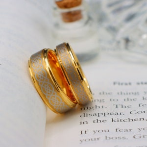 Men&#39;s Women&#39;s Yellow Gold Ring, 6/8mm Engagement Celtic Knot Ring, Couple Wedding Ring, Mens Wedding Band Dragon Celtic Mans Engagement Band