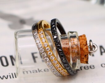 Black Silver Rose Gold Titanium Eternity CZ Stone Wedding Ring, Minimalist Band, Valentine Gift Thin Women's Ring