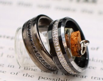 Black CZ Stone Eternity Band, Gunmetal Tungsten Wedding Ring